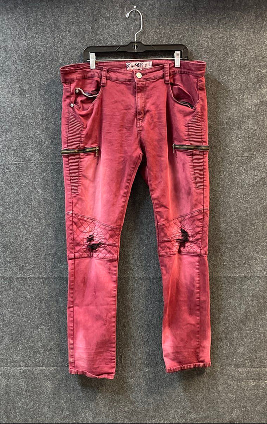 The Kleep Men's Burgundy Red Distressed Moto Biker Jeans Ribbed Size 38