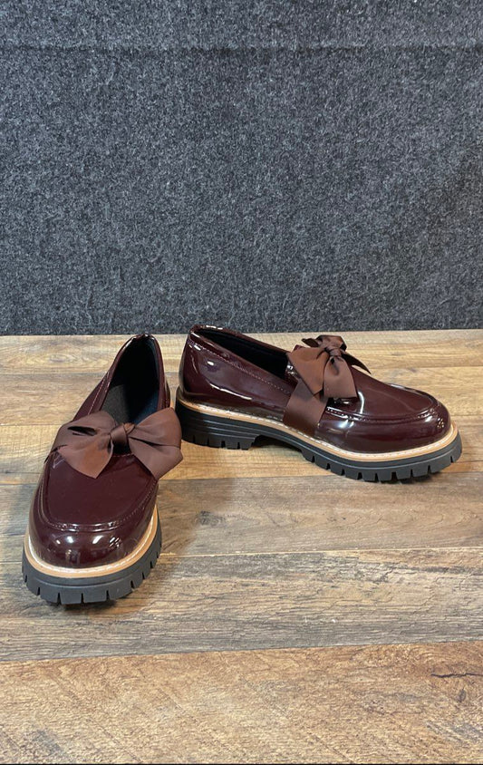Burgundy Patent Leather Bow Chunky Lug Sole Platform Loafers Shoes Size 42