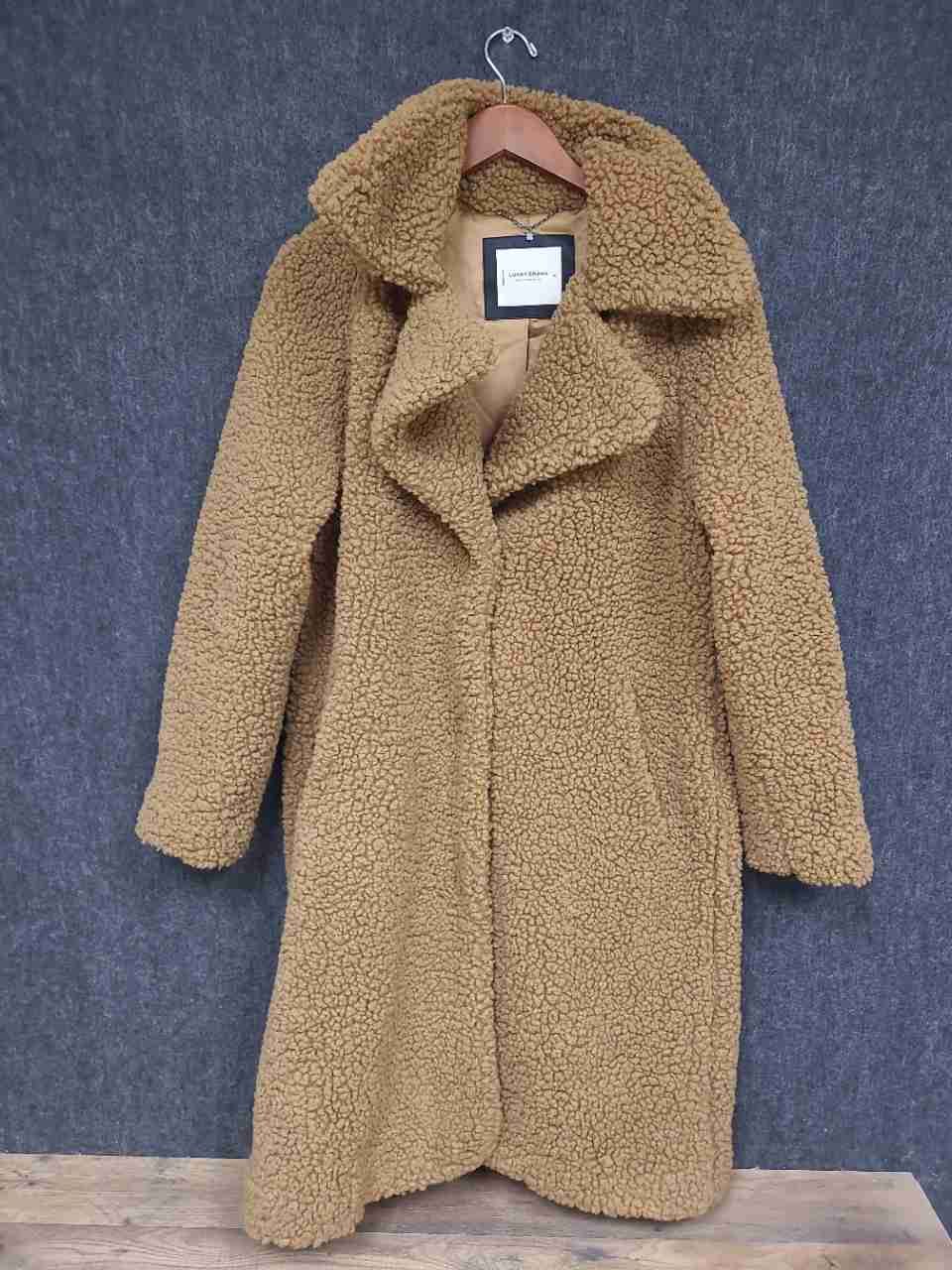 Lucky Brand Women's Tan Sherpa Teddy Faux Fur Long Coat Sz M