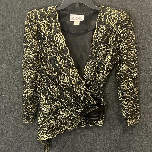 Vintage 80s Amanda Women's Gold Black Metallic Floral Lace Bolero Jacket Sz M