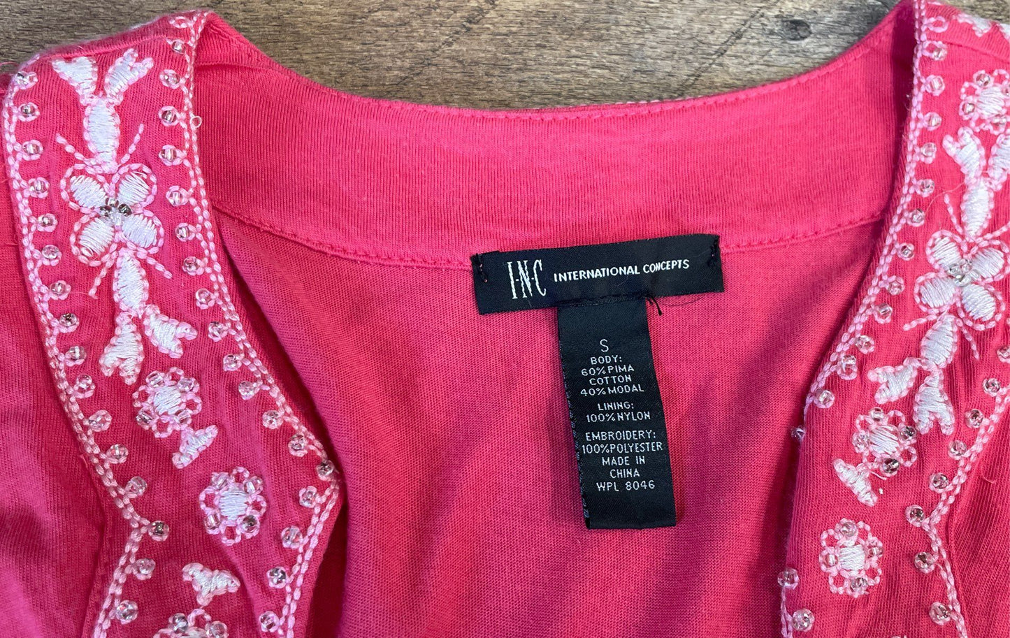 INC International Concepts Women's Pink Beaded Embroidered Cotton Dress Sz S