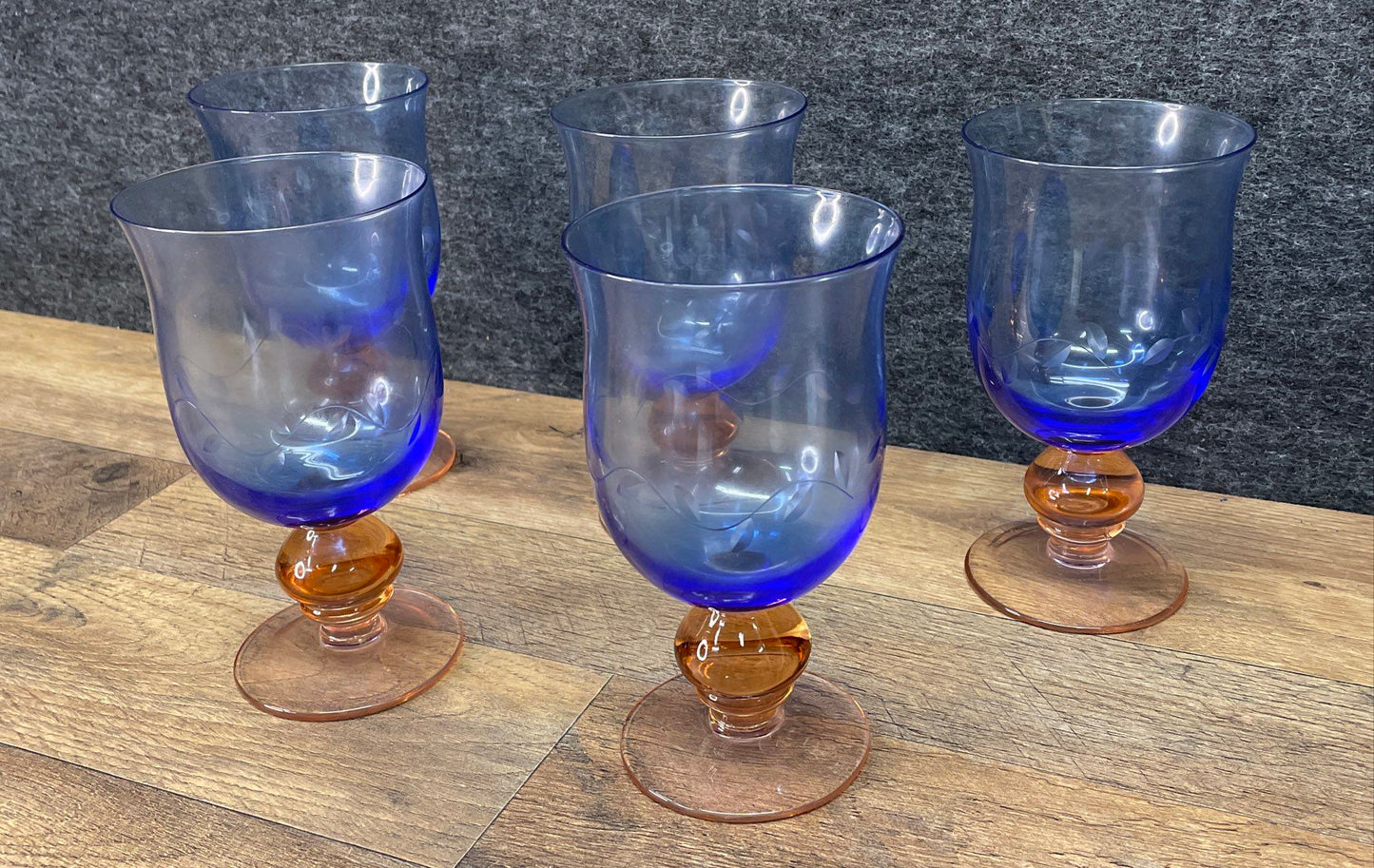 Set of 4 Pfaltsgraff Napoli Etched Cobalt Blue Goblets with Orange Stems