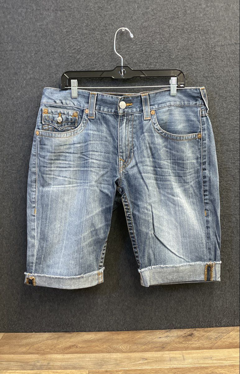 True Religion Men's Blue Denim Cut Off Shorts Contrast Stitching Raw Hem Sz 36