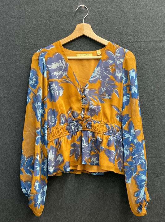 Shyanne Women's Yellow Blue Floral Peplum Blouse V-Neck Long Sleeve NWT Sz S