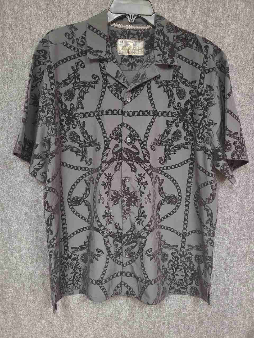 Baroque Gold Premium Men's Gray Baroque Lion Chain Print Short Sleeve Shirt Sz L