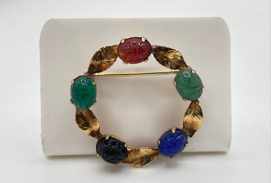 Gold Tone Multicolor Scarab Semi-Precious Stones Wreath Brooch Pin 4.5g *NPM*