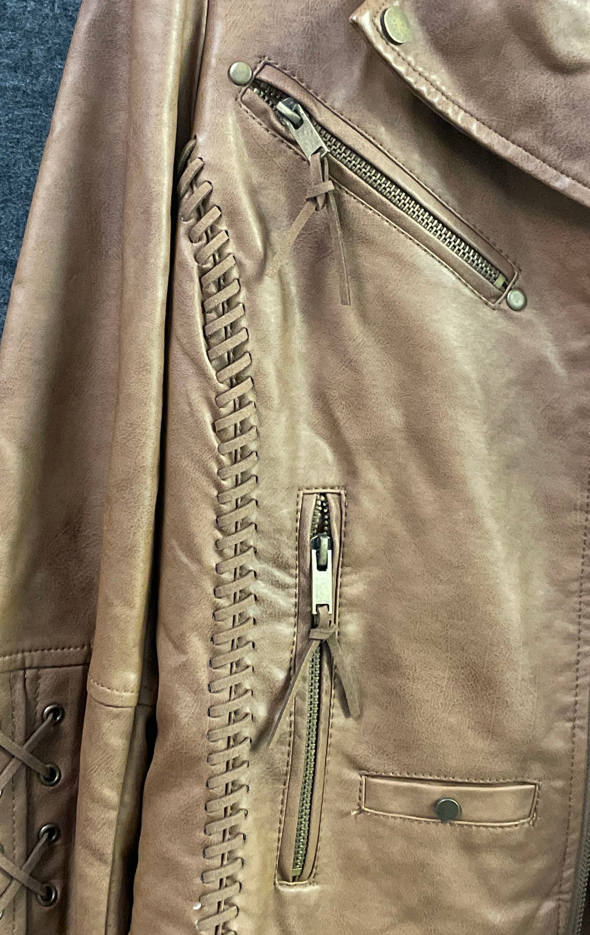 CoffeeShop New York Women's Brown Faux Leather Lace Up Moto Jacket Sz L