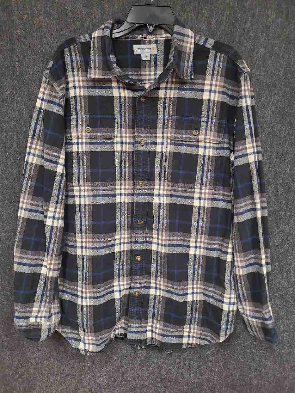 Carhartt Men's Hubbard Plaid Flannel Button Up Shirt Blue Gray Cream Size L