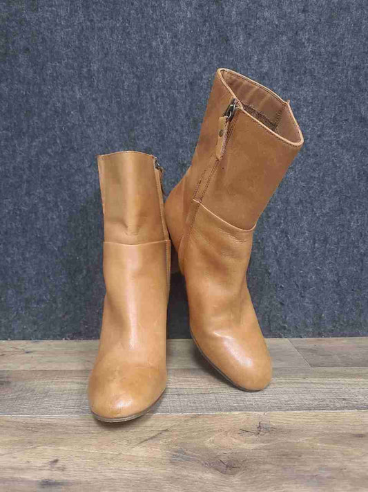 Seychelles Cognac Tan Leather Stacked Block Heel Ankle Boots Women's Size 8.5