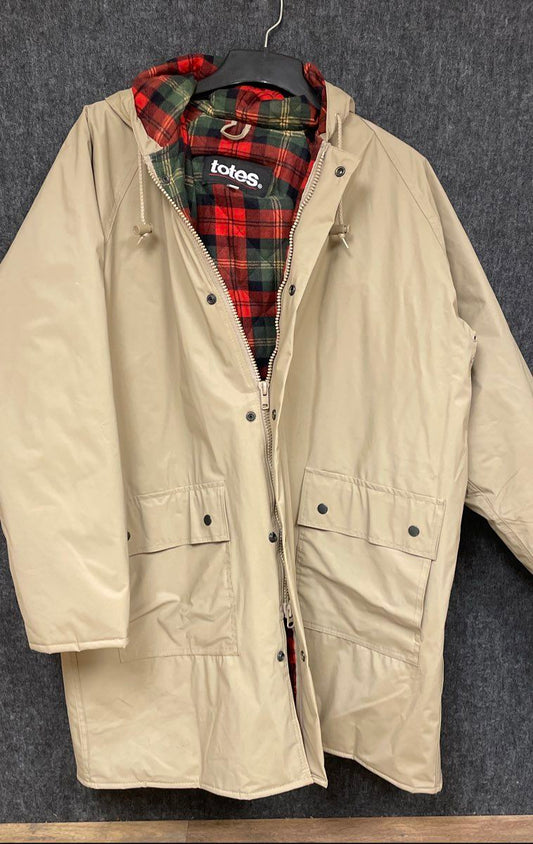Vintage 90s Totes Tan Vinyl Rain Coat Jacket Plaid Lined Hooded Size L
