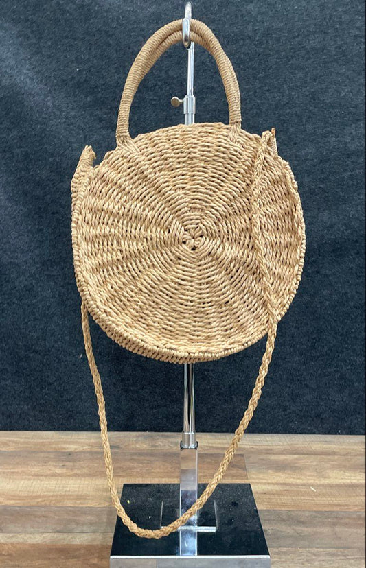 Unbranded Natural Tan Woven Straw Round Circular Crossbody Shoulder Bag Tote