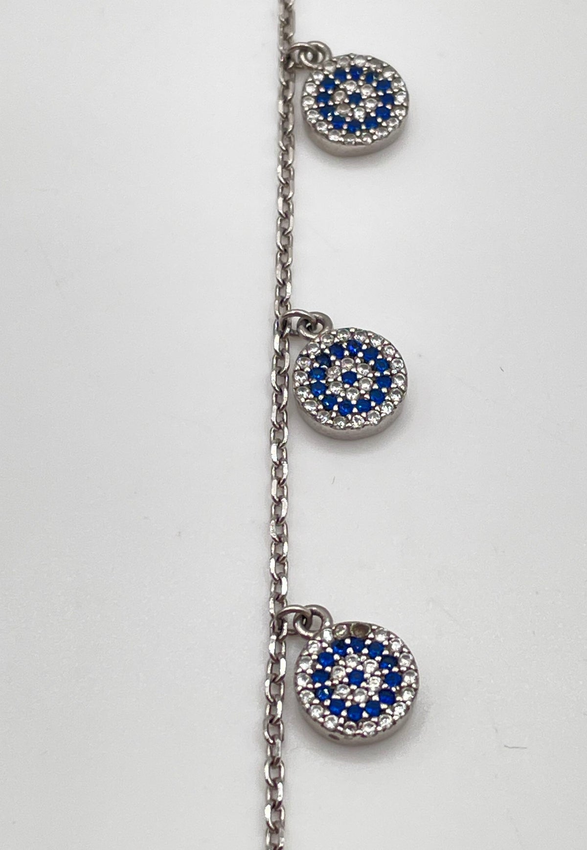 925 Sterling Silver Blue & White CZ Evil Eye Charm Link Bracelet 5.6g