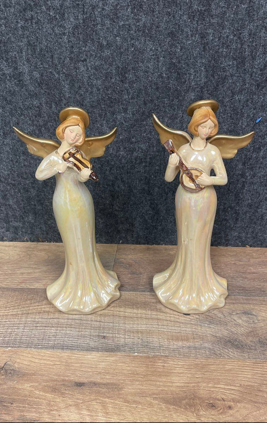 Vintage Ceramic Angel Figurines Set of 2 Iridescent Pearl Gold Wings Holiday