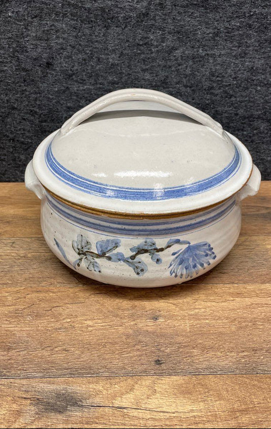 Vintage Studio Art Pottery Casserole Dish Lidded Stoneware Blue Floral Signed