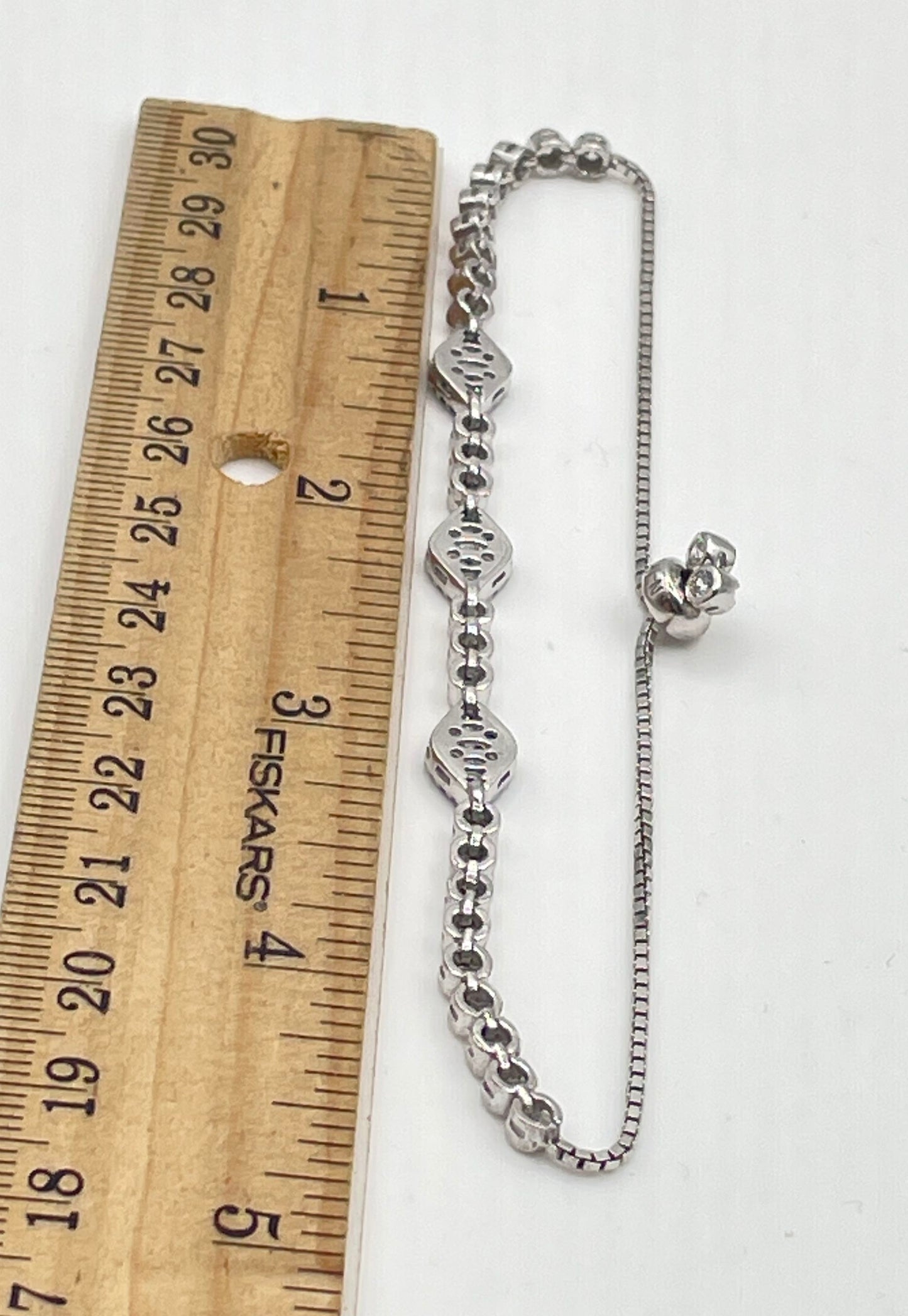 925 Sterling Silver Clear CZ Blue Sapphire Evil Eye Bolo Tennis Bracelet 8.6g