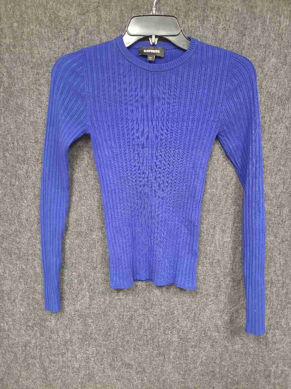 Express Women's Royal Blue Ribbed Long Sleeve Crew Neck Top Sweater Sz XXS