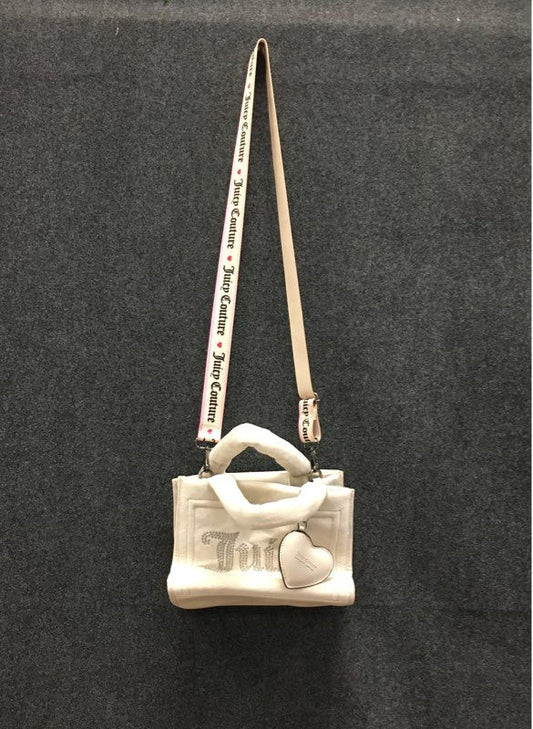 Juicy Couture White Rhinestone Mini Tote Bag Crossbody Logo Strap Heart Charm