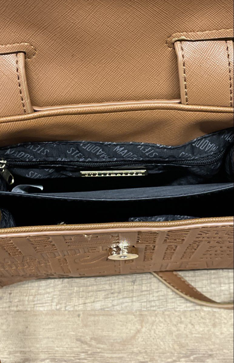Steve Madden Tan Logo Embossed Saffiano Satchel Crossbody Bag Gold Hardware