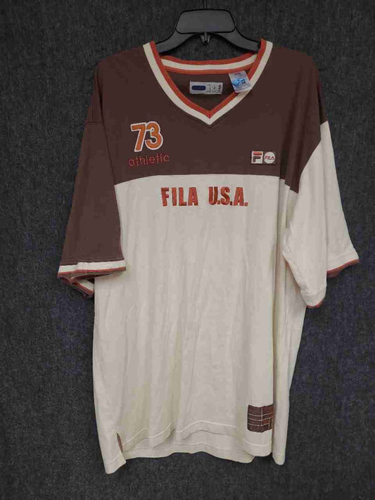 Vintage Y2K Fila Men's Brown White 73 Athletic Colorblock V-Neck Shirt Sz XL