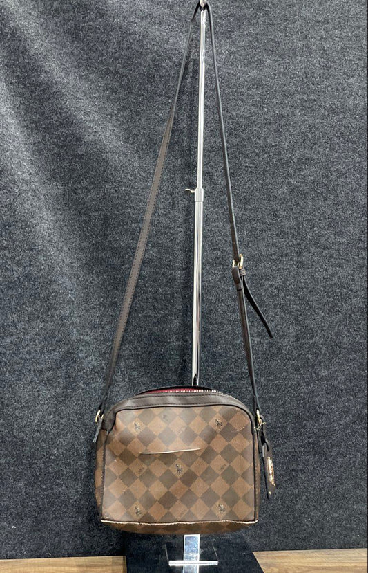 U.S. Polo Assn. Brown Checkered Monogram Crossbody Bag Gold Hardware