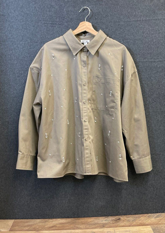 Future Collective Women's Khaki Rhinestone Tassel Long Sleeve Shirt Sz XL