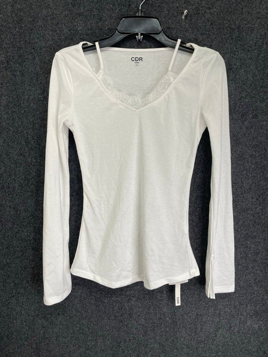 Cider Women's White Long Sleeve Lace Trim Layered Strappy V-Neck Top Sz S NWT