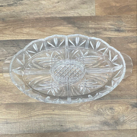 Pressed Glass Divided Relish Dish Starburst & Diamond Pattern Tray 16" Vintage
