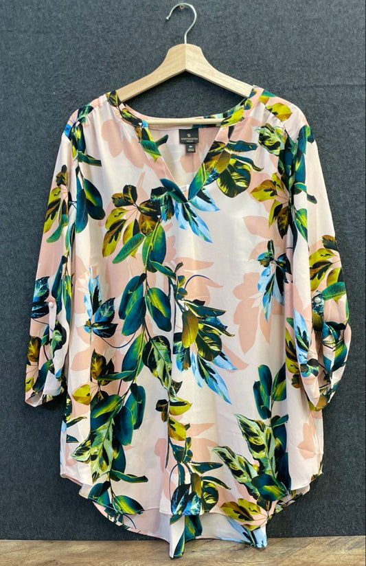 Worthington Women's Ophelia Rose Floral Blouse V-Neck Roll-Tab Sleeve NWT Sz 2X