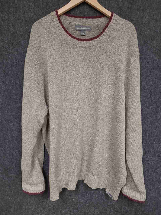 Eddie Bauer Men's Beige 100% Cotton Crewneck Sweater Burgundy Trim Sz 2XL