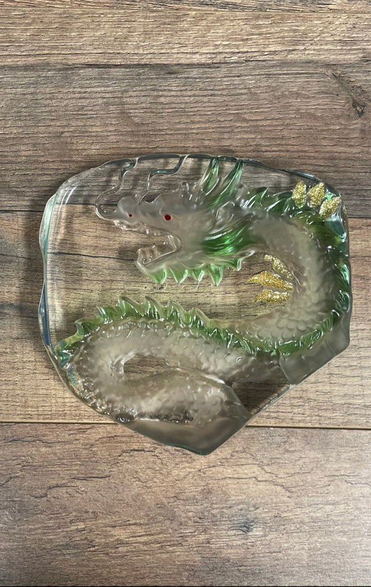 Vintage Art Glass Dragon Paperweight Asian Oriental Figurine Green Gold Glitter