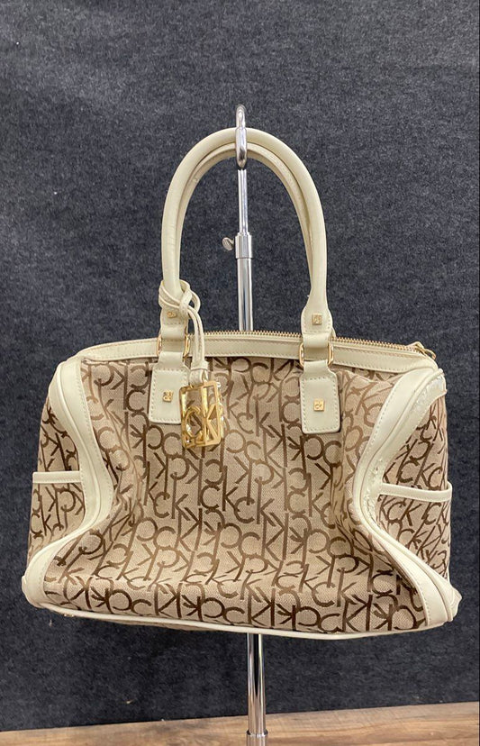 Calvin Klein Brown Monogram Signature Satchel Handbag White Trim Gold Hardware