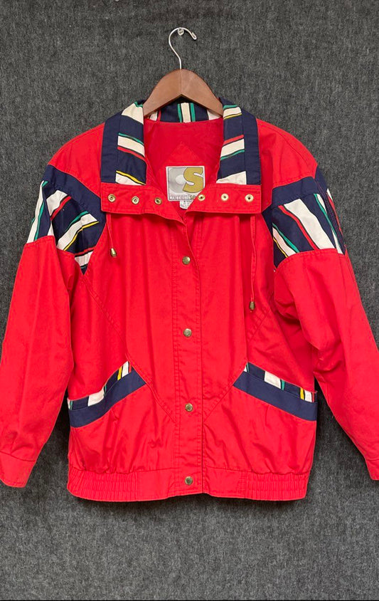 Current Seen Vintage 90s Women's Red Colorblock Striped Bomber Jacket Size S