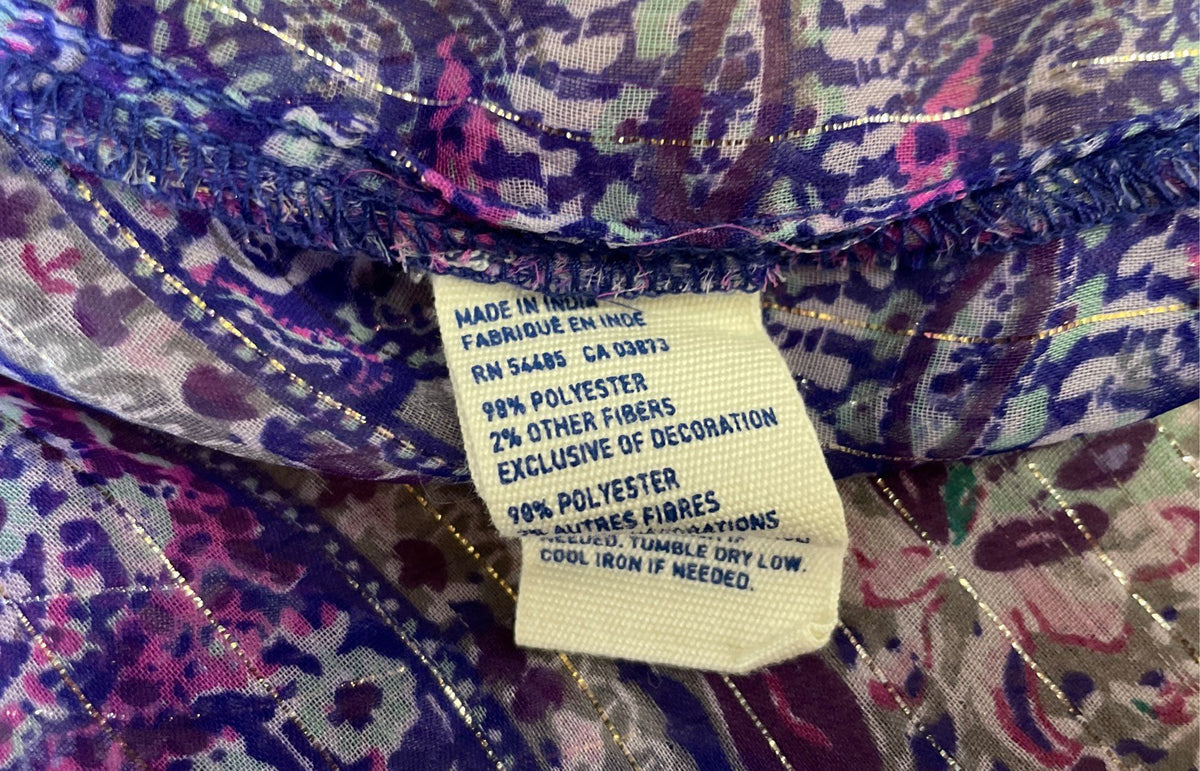 American Eagle Women's Paisley Blouse Purple Metallic Semi-Sheer Tassels Sz XS