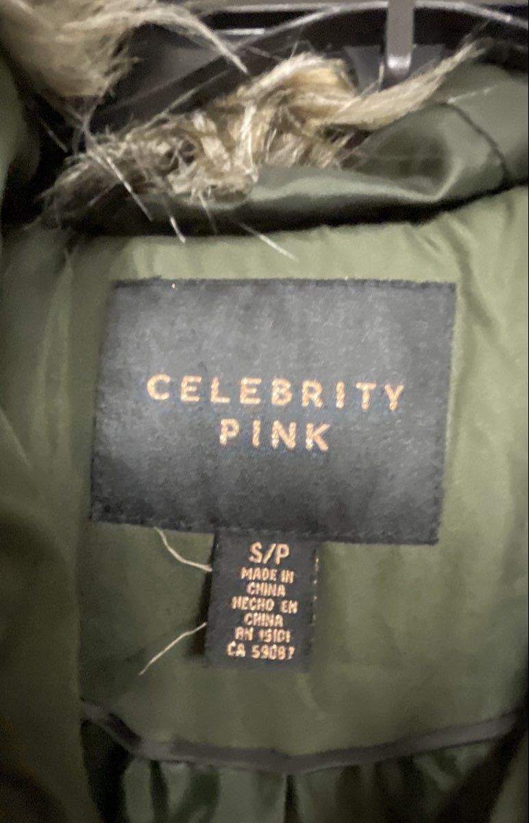 Celebrity Pink Women's Olive Green Quilted Puffer Jacket Faux Fur Hood Sz S