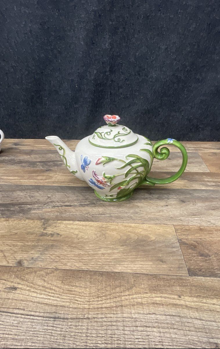 Temptations Stoneware Teapot W/ Butterflies Dragonflies Flowers Design