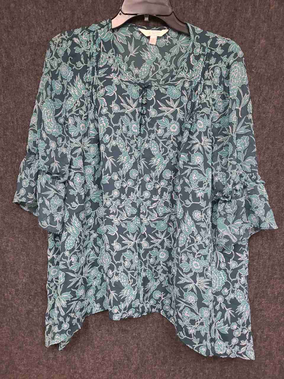 LC Lauren Conrad Women's Teal Green Floral Bird Print Ruffle Sleeve Blouse Sz L