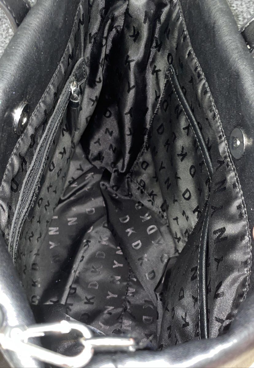 DKNY Black Leather Embossed Logo Large Tote Bag Crossbody Silver Hardware