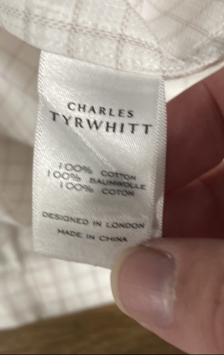 Charles Tyrwhitt Men's White Tan Grid Non-Iron Classic Fit Double Cuff Sz 17/34