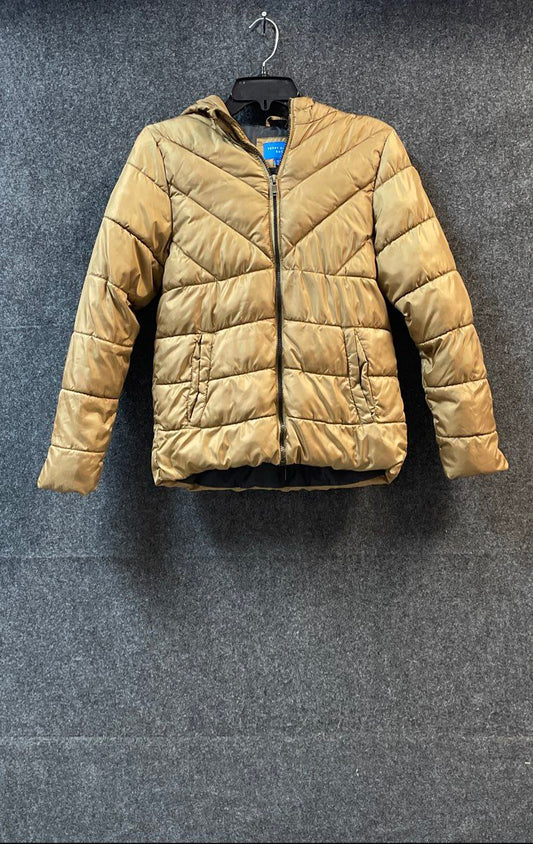 Perry Ellis Boy's Tan Brown Hooded Puffer Jacket Chevron Quilted Sz 14/16