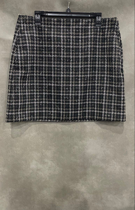 LOFT Women's Black White Plaid Tweed Metallic Gold Textured Mini Skirt Size 14