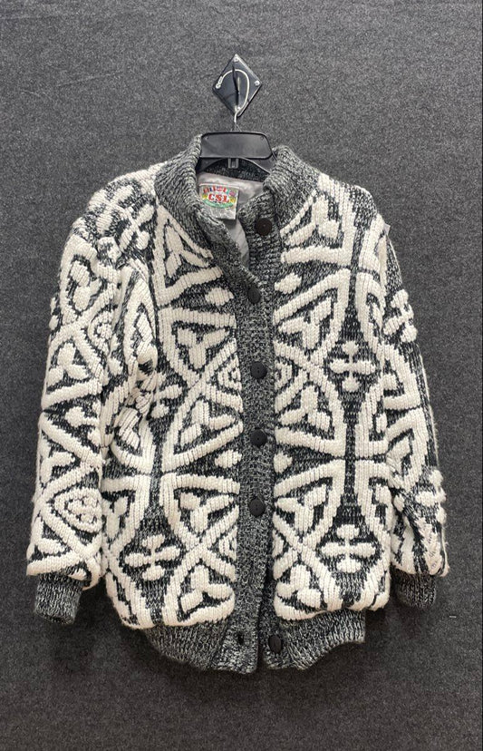 Vintage 90s Cherry Stix Women's Black White Geometric Chunky Knit Cardigan Sz M