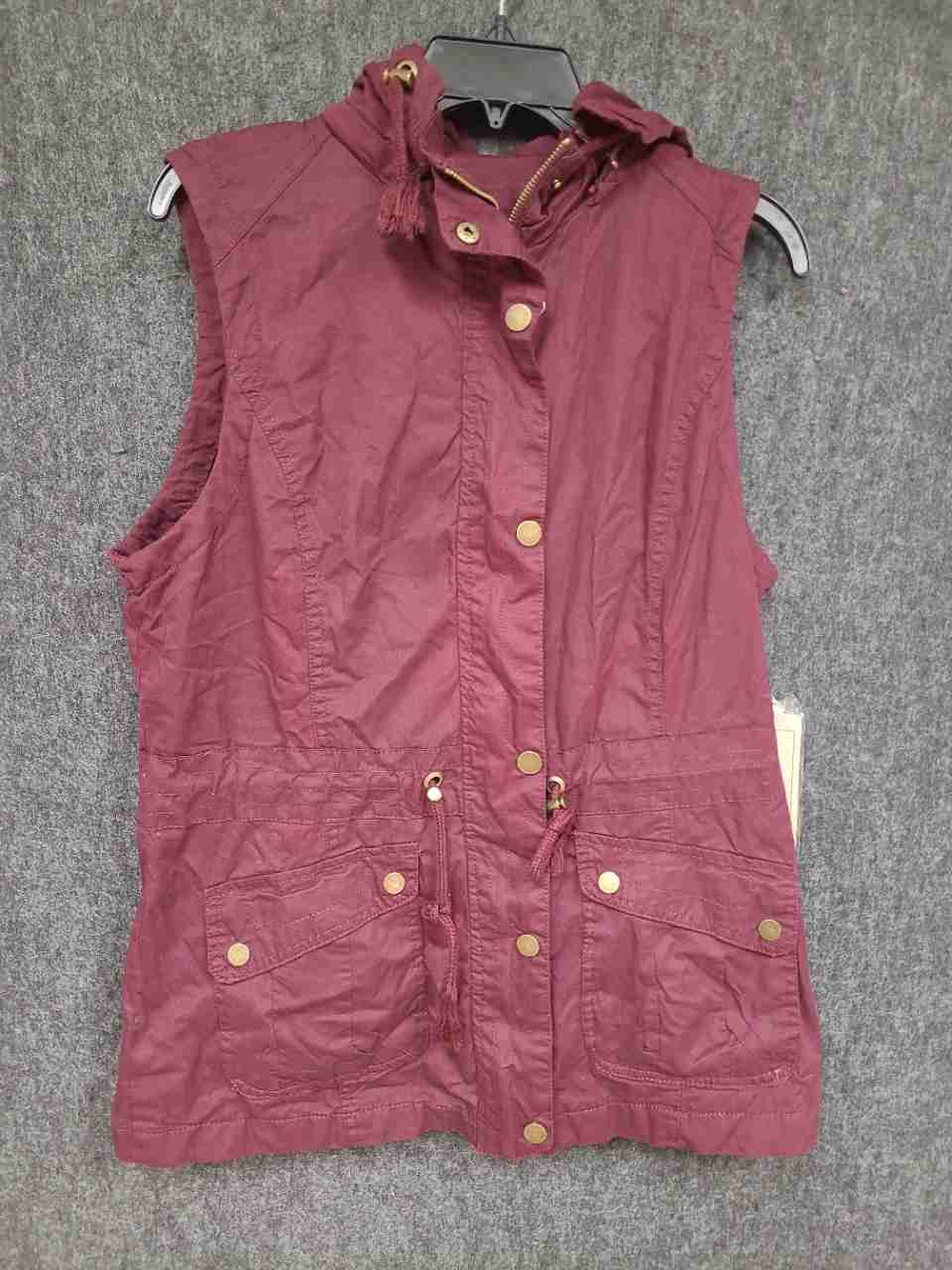 YMI Women's Sangria Maroon Hooded Utility Vest Cotton Full Zip Snap NWT Sz XL