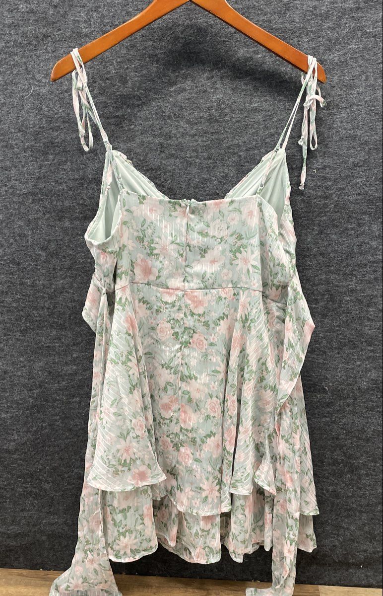 Crystal Doll Women's Sage Green Floral Tie Shoulder Tiered Mini Dress XL NWT