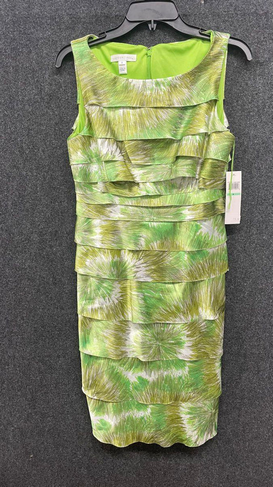 London Times Women's Green White Tiered Ruffle Sleeveless Sheath Dress Sz 8 NWT
