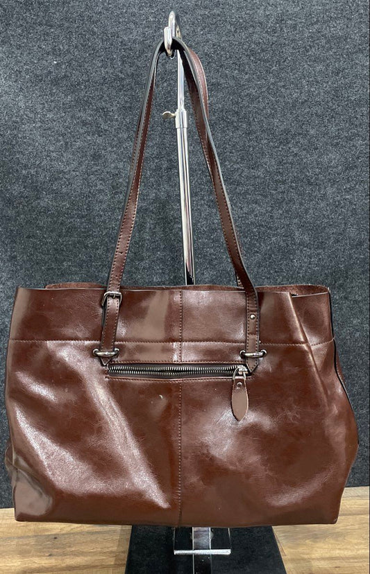 FZone Brown Leather Large Tote Shoulder Bag Silver Hardware Pocket