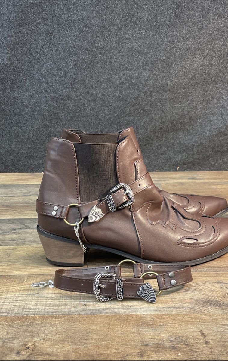 Western Pointed Toe Brown Ankle Boots Removable Harness Chain Size EU 48