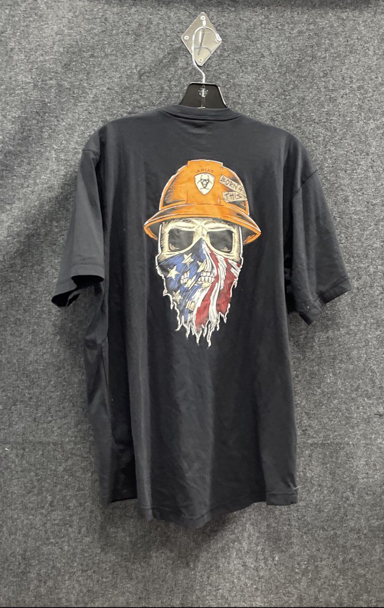 Ariat Rebar Men's Black Graphic Pocket T-Shirt Skull Hard Hat Flag Sz M