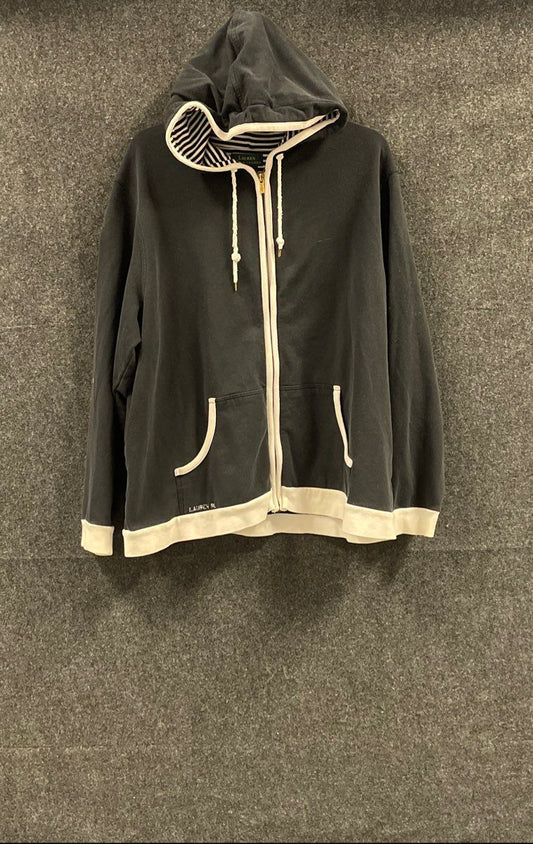 Vintage Y2K Lauren Ralph Lauren Women's Black Striped Hood Full Zip Hoodie 1X