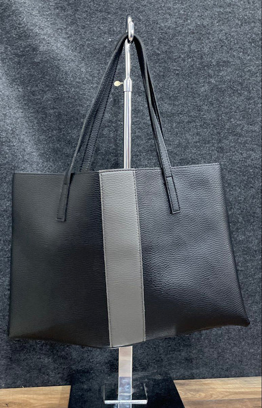 Vince Camuto Black Pebbled Leather Grey Stripe Tote Bag Large