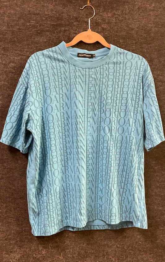Emporio Armani Women's Light Blue All Over Logo Print T-Shirt Sz 1X